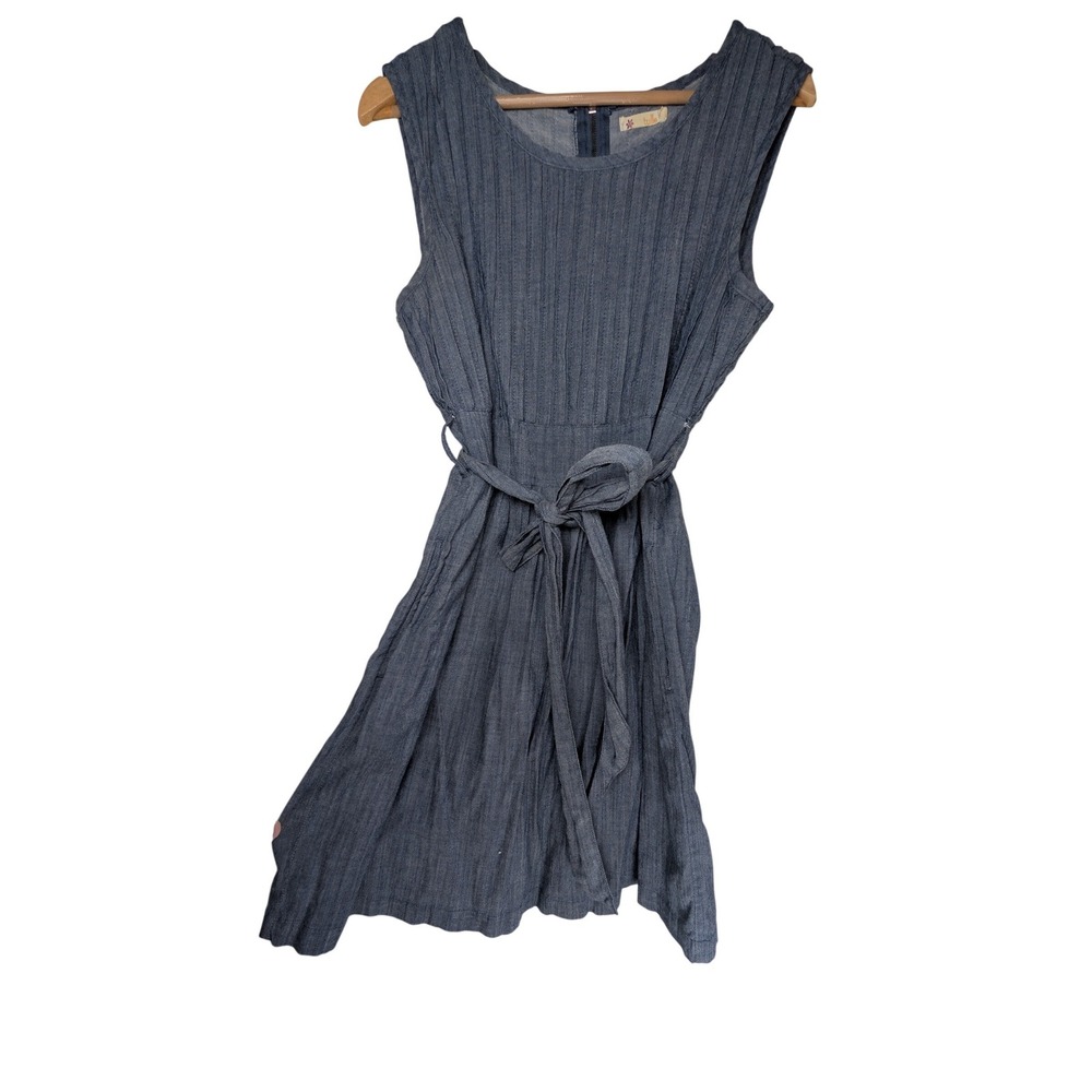 TULLE Chambray Fit And‎ Flare Dress Womens XL Blue Pintuck Tie Waist Pockets
